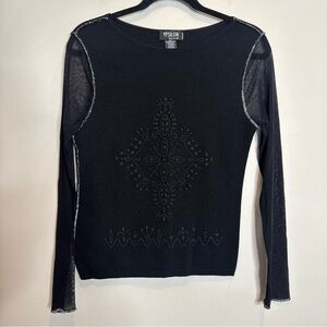 VTG Ypsilon Donna Black Mesh Sheer Sleeve Top Gothic Ornate Y2K Romantic Goth L